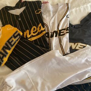 Canes baseball pinstripe uniform, gold/white jerseys and pants, dri-fit